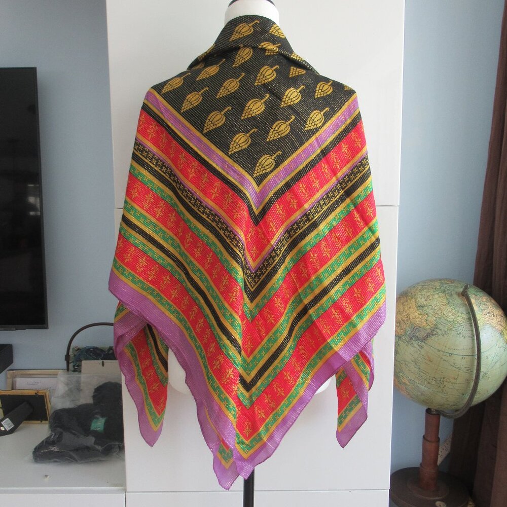 Gold Metallic Threads and Multicolor X- Large Silk Square Womens Scarf 47" x 47"